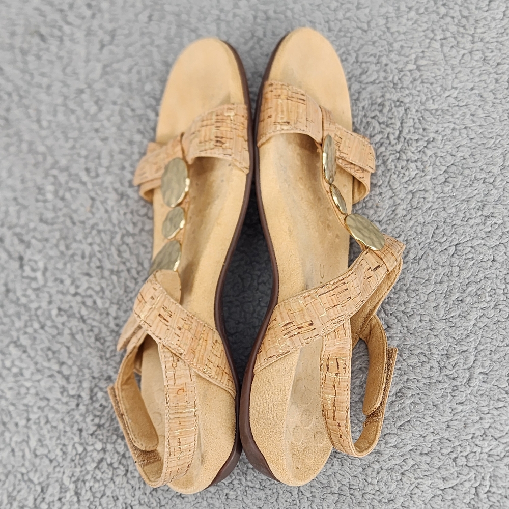 Vionic Farra Tan Cork Sandals Sz 8 Gold Details Ankle Strap Comfort Boho - Picture 5 of 11